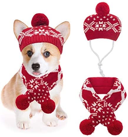 Christmas Dog Costumes Hat Scarf Set Knit Snowflake Print