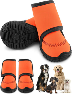 Waterproof Dog Shoes Fluorescent Orange Dog Boots Adjustable Straps and Rugged Anti-Slip Sole Paw Protectors